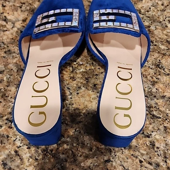 Gucci Madelyn Crystal Logo Cobalt Mules - SZ 40 - Picture 7 of 17